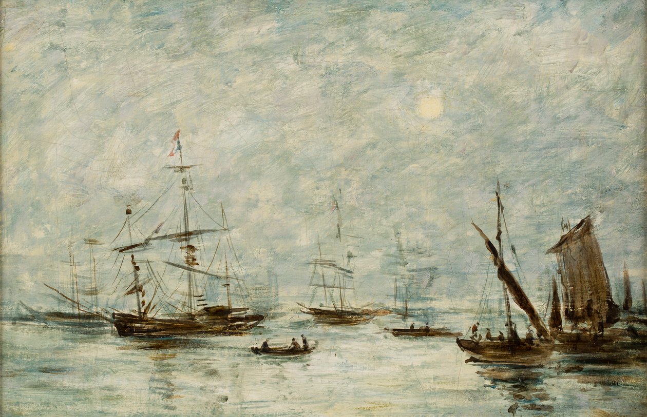 Båter fortøyd i en havn (olje på lerret) av Eugene Louis (attr.to) Boudin