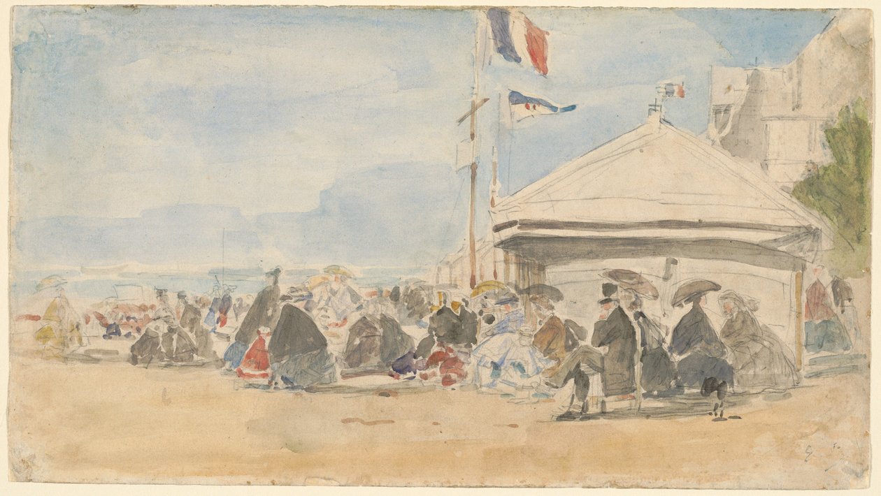 Beach House med flagg i Trouville, ca. 1865. av Eugene Louis Boudin