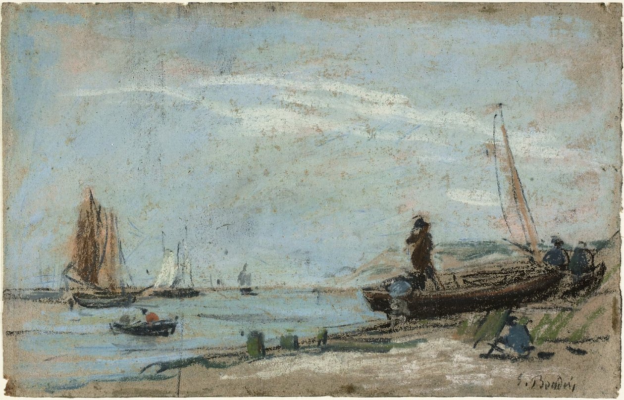 Strand med fiskebåter (recto); Landskap med bonde som pløyer en åker (verso) av Eugene Louis Boudin