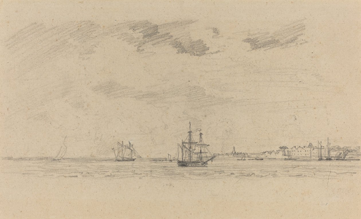 Kystlandskap med skipsfart, ca. 1858. av Eugene Louis Boudin