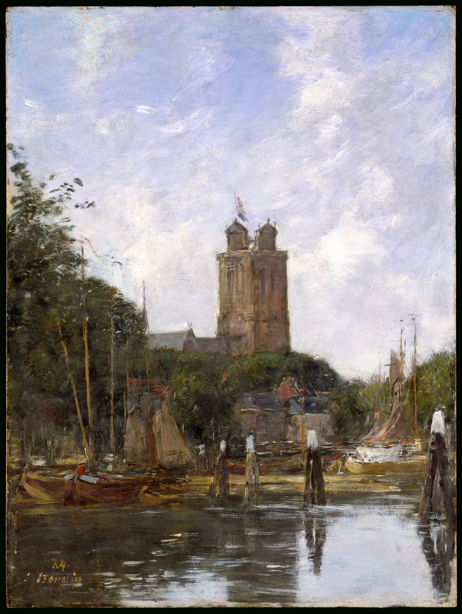 Dordrecht, den store kirken fra kanalen, 1884 av Eugene Louis Boudin