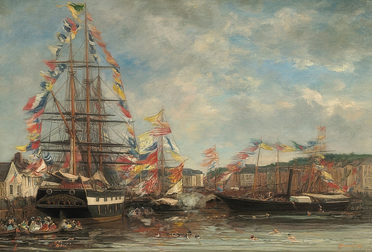 Festivaldag i havnen i Honfleur. 1858 av Eugene Louis Boudin