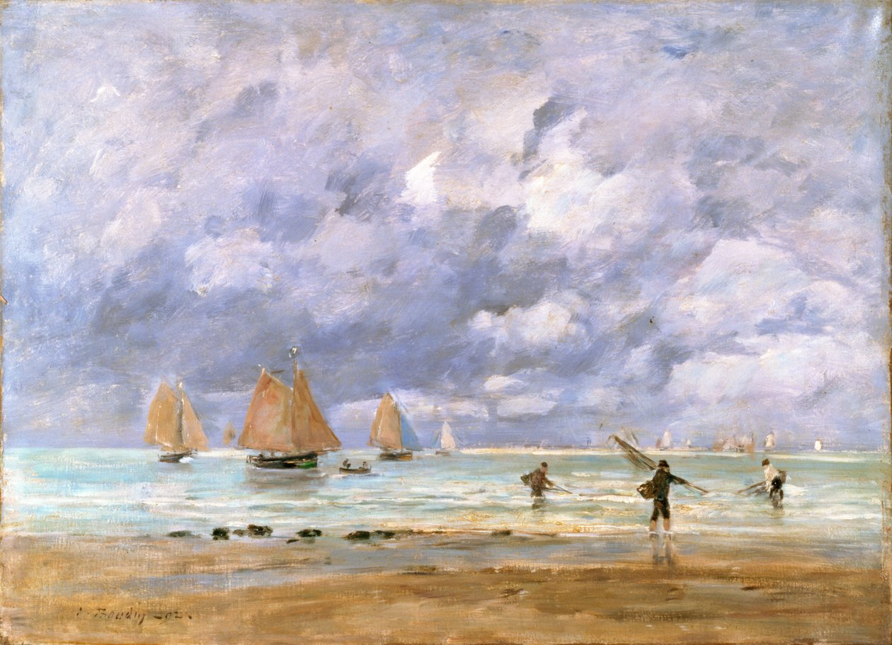 Fiskere og seilbåter i Trouville, 1892 av Eugene Louis Boudin