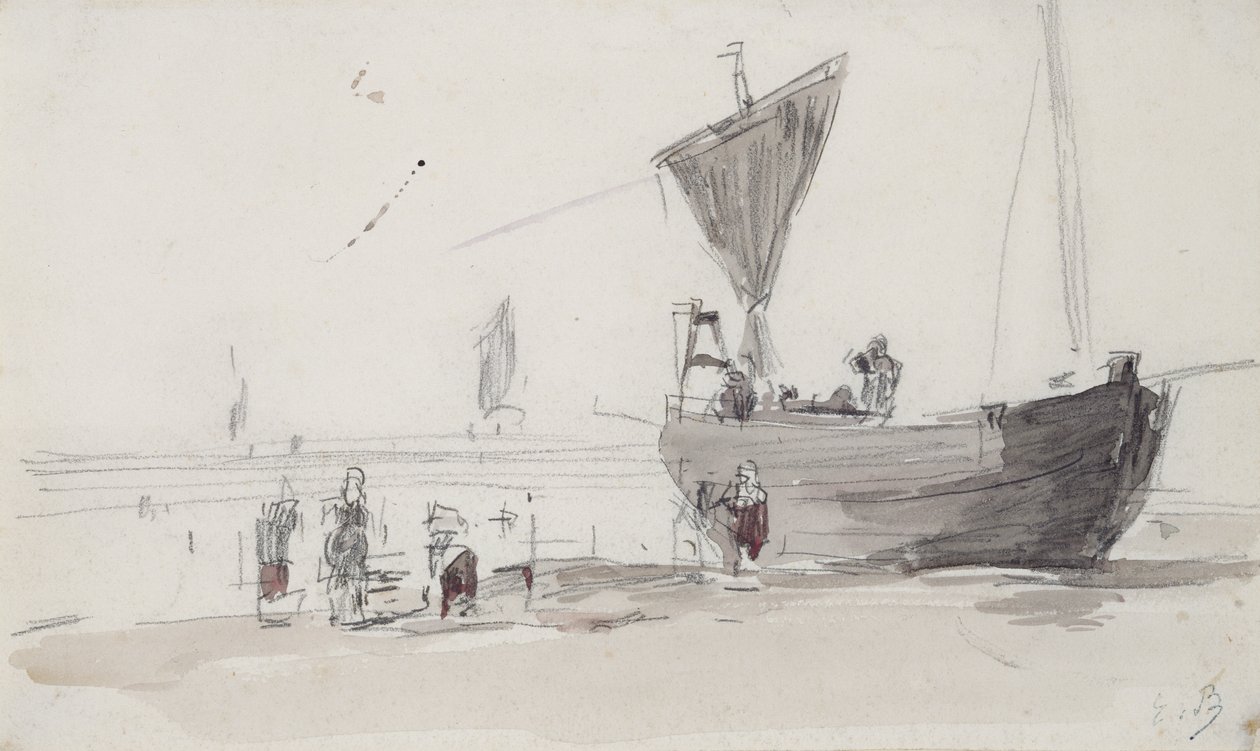Fiskebåt på stranden (blyant og wc på papir) av Eugene Louis Boudin