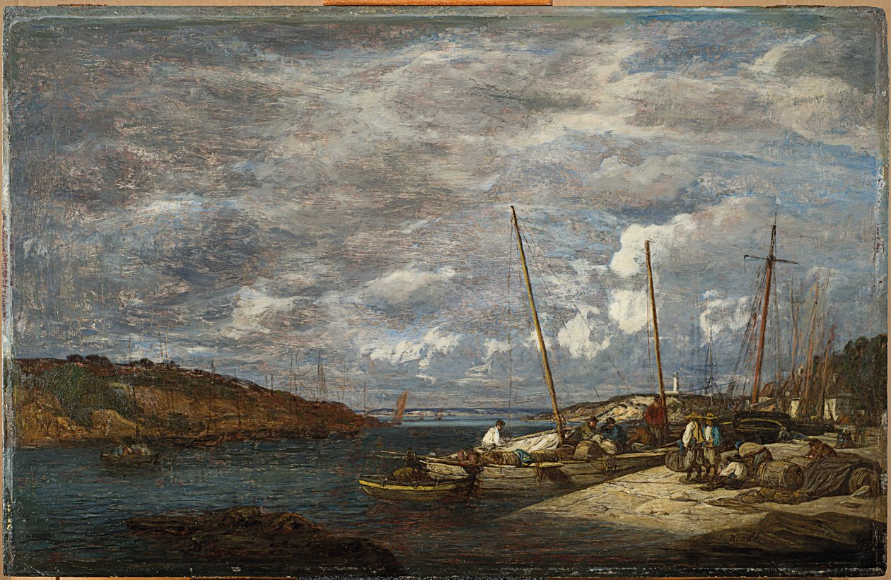 Fiskebåter ved kaien, Douarnenez, 1855 av Eugene Louis Boudin
