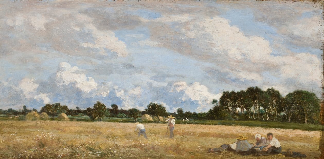 Høyproduksjon (Le Foins), ca. 1870-90 (olje på eikepanel) av Eugene Louis Boudin
