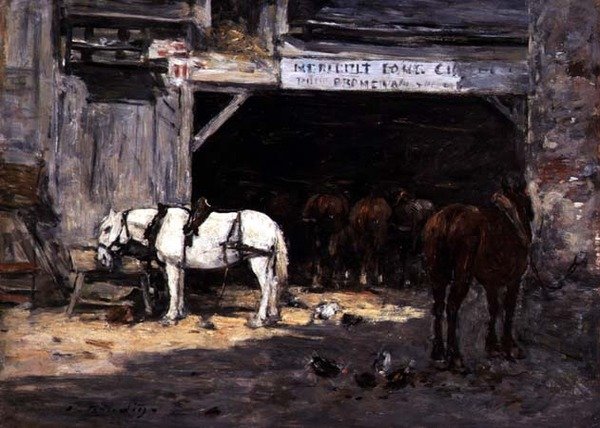 Horses for Hire in a Yard, ca. 1885-90 (olje på panel) av Eugene Louis Boudin