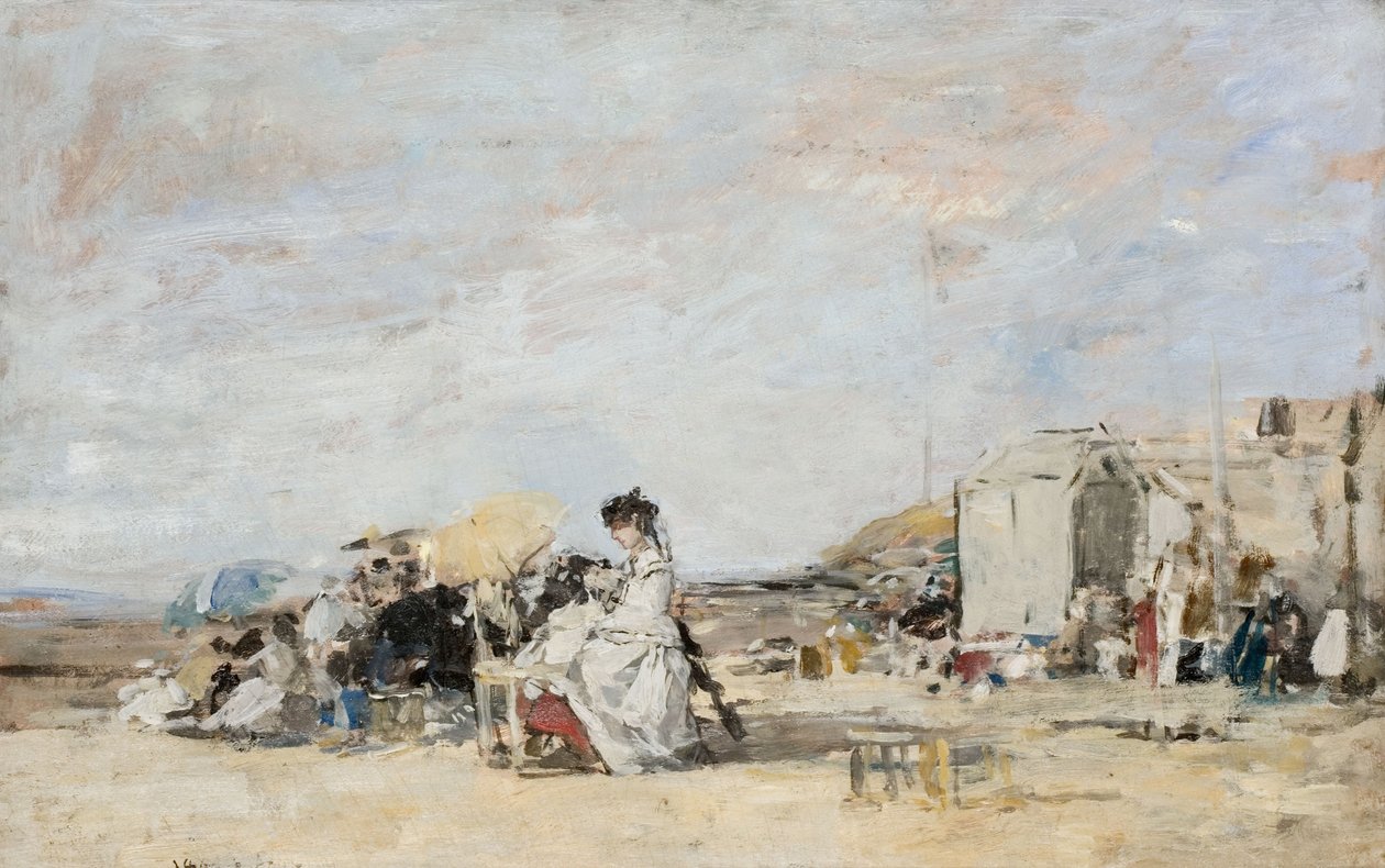 Dame i hvitt på stranden ved Trouville av Eugene Louis Boudin