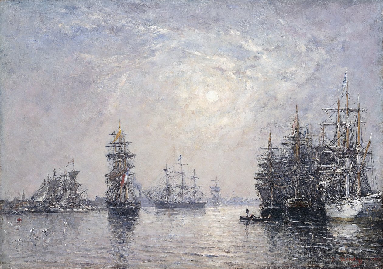 Le Havre, Eure-bassenget, seilbåter ved anker, solnedgang; Le Havre, Eure-bassenget, seilbåter ved anker, solnedgang, 1870 av Eugene Louis Boudin