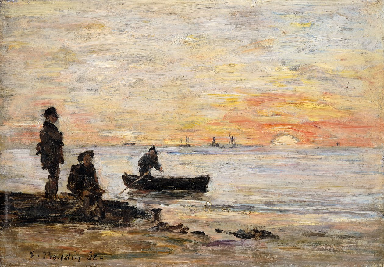Lavvann - kysten og fiskere ved solnedgang; Lavvann - kysten og fiskere ved solnedgang, 1862 av Eugene Louis Boudin