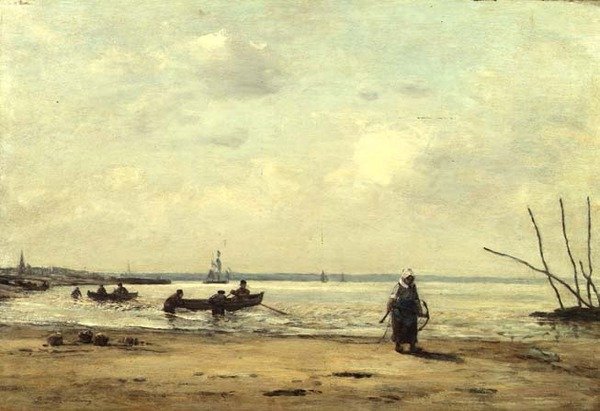 Lavvann nær Honfleur, ca. 1864-66 (olje på panel) av Eugene Louis Boudin