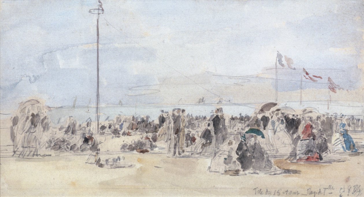 People on the Beach, Trouville, 1866 (wc og grafitt på papir) av Eugene Louis Boudin