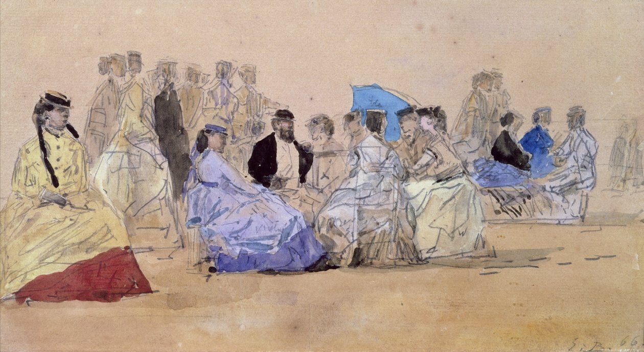 The Beach at Trouville, 1866 (blyant og wc på papir) av Eugene Louis Boudin