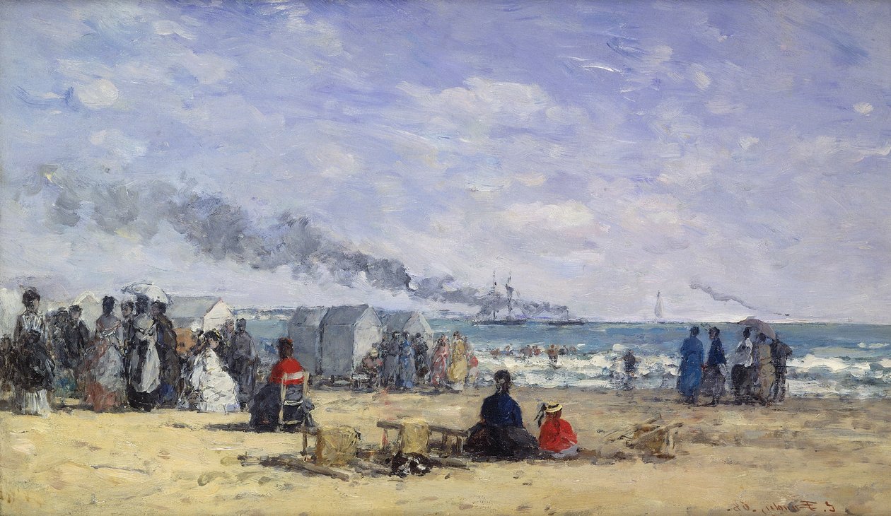 Stranden ved Trouville ved badetid; Trouville Beach ved Bath Time, 1868 av Eugene Louis Boudin