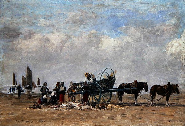 The Fish Cart, Berck, ca. 1880 (olje på lerret lagt på panel) av Eugene Louis Boudin