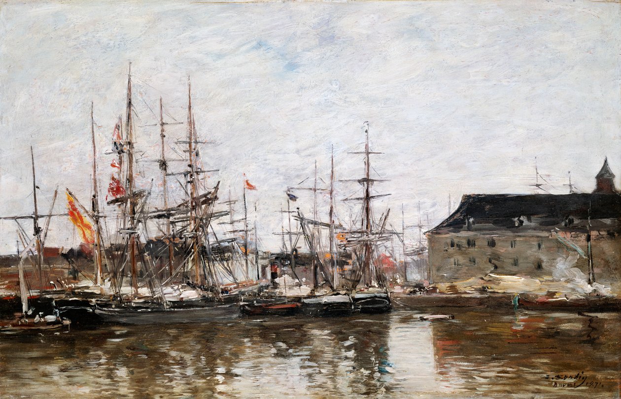 Tre-mestere i Dock, Antwerpen, 1871 av Eugene Louis Boudin