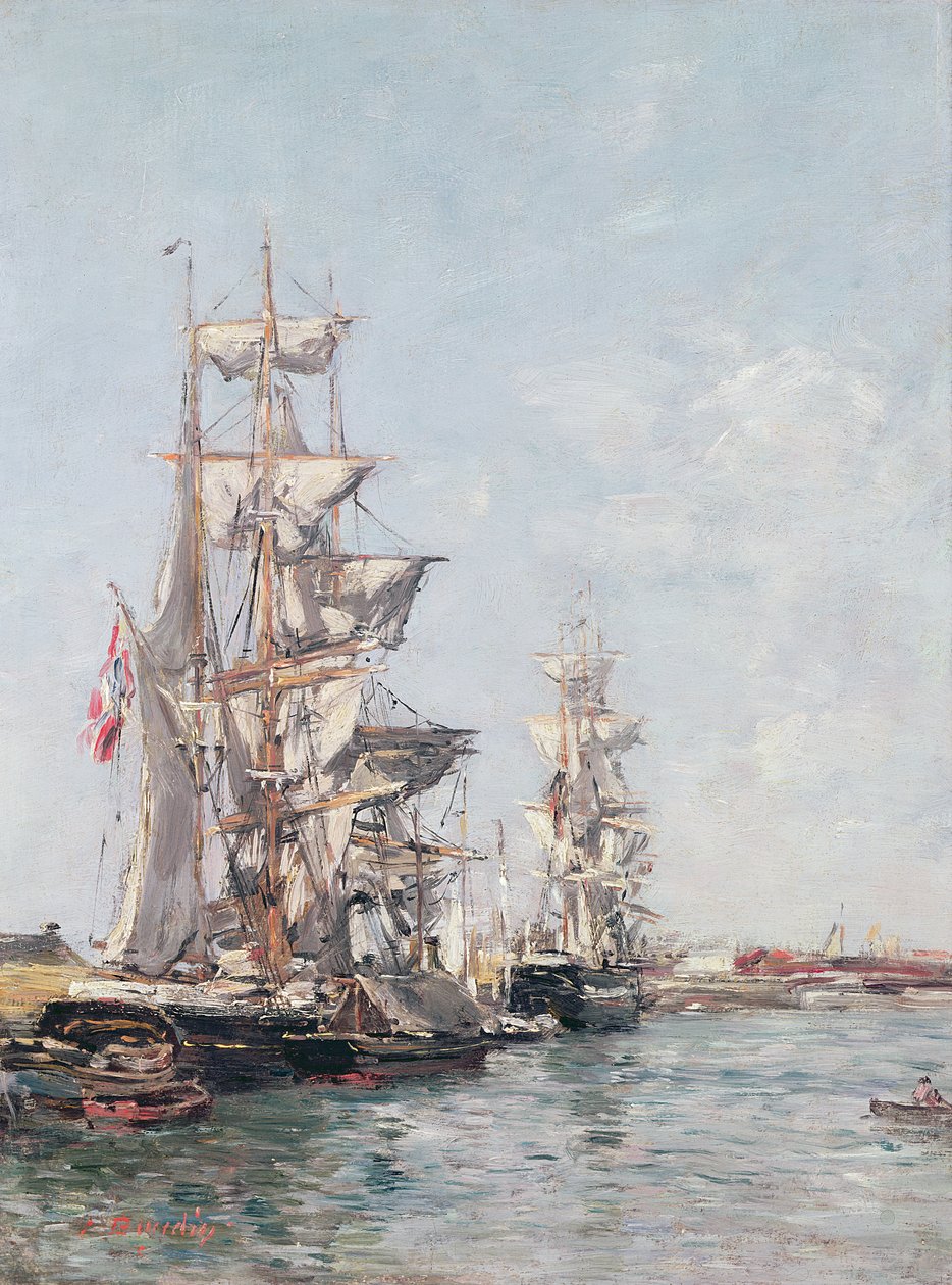 Tre-mastet båter ved kaien i Deauville havn, ca. 1888-89 av Eugene Louis Boudin