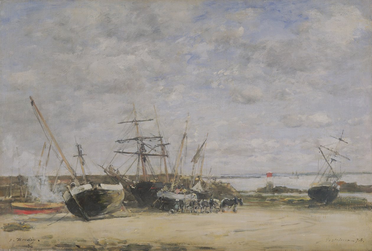 Fartøy og hester på kystlinjen av Eugene Louis Boudin