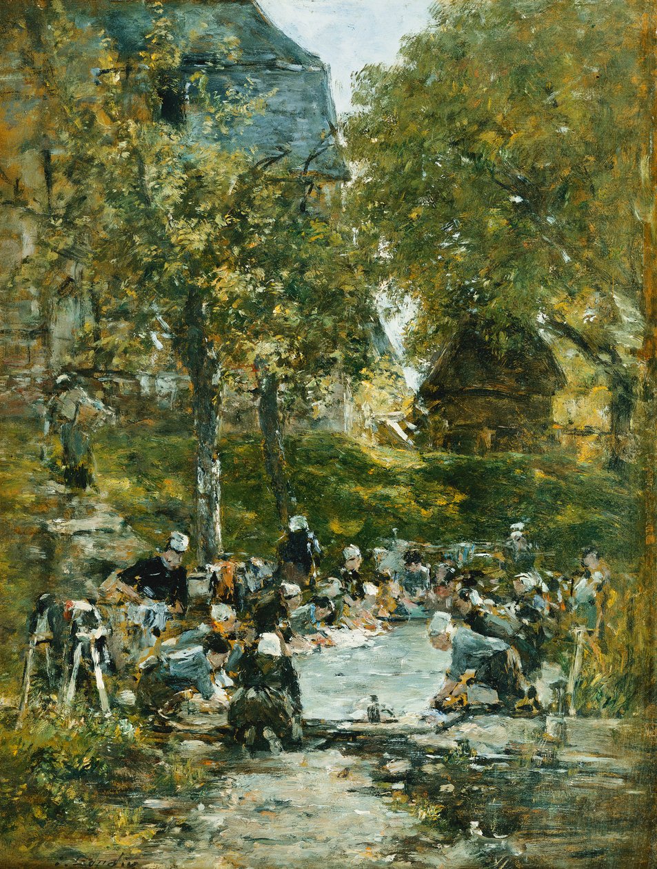 Skiver på bredden av elven; Laveuses au Bord de la Riviere, ca. 1877-1881 av Eugene Louis Boudin