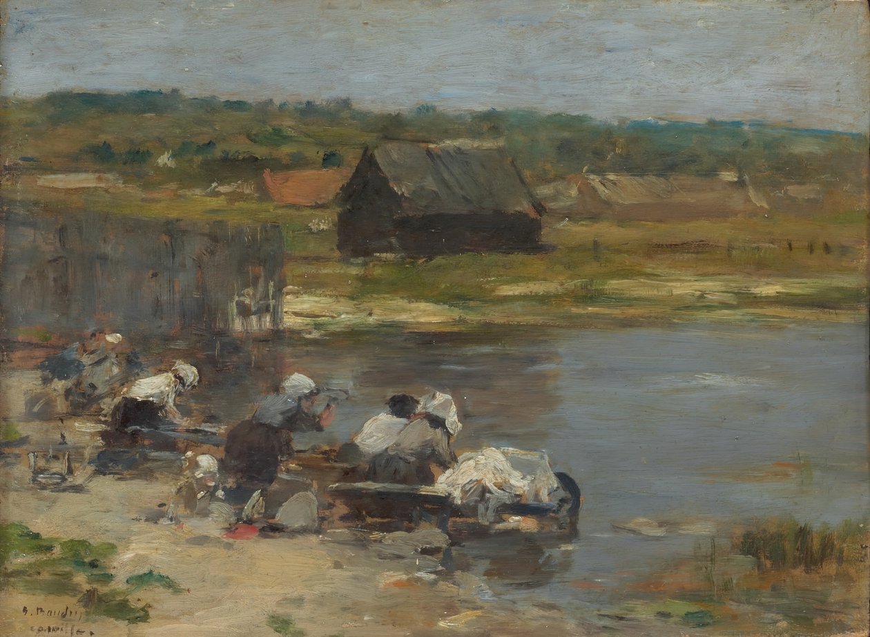 Vaskedamer ved kanten av dammen, 188085. av Eugene Louis Boudin