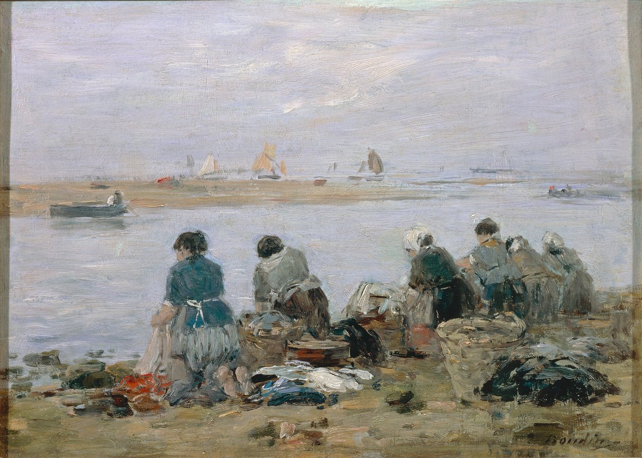 Vaskekvinner på bredden av elven Touques nær Trouville, av Eugene Boudin, maleri av Eugene Louis Boudin