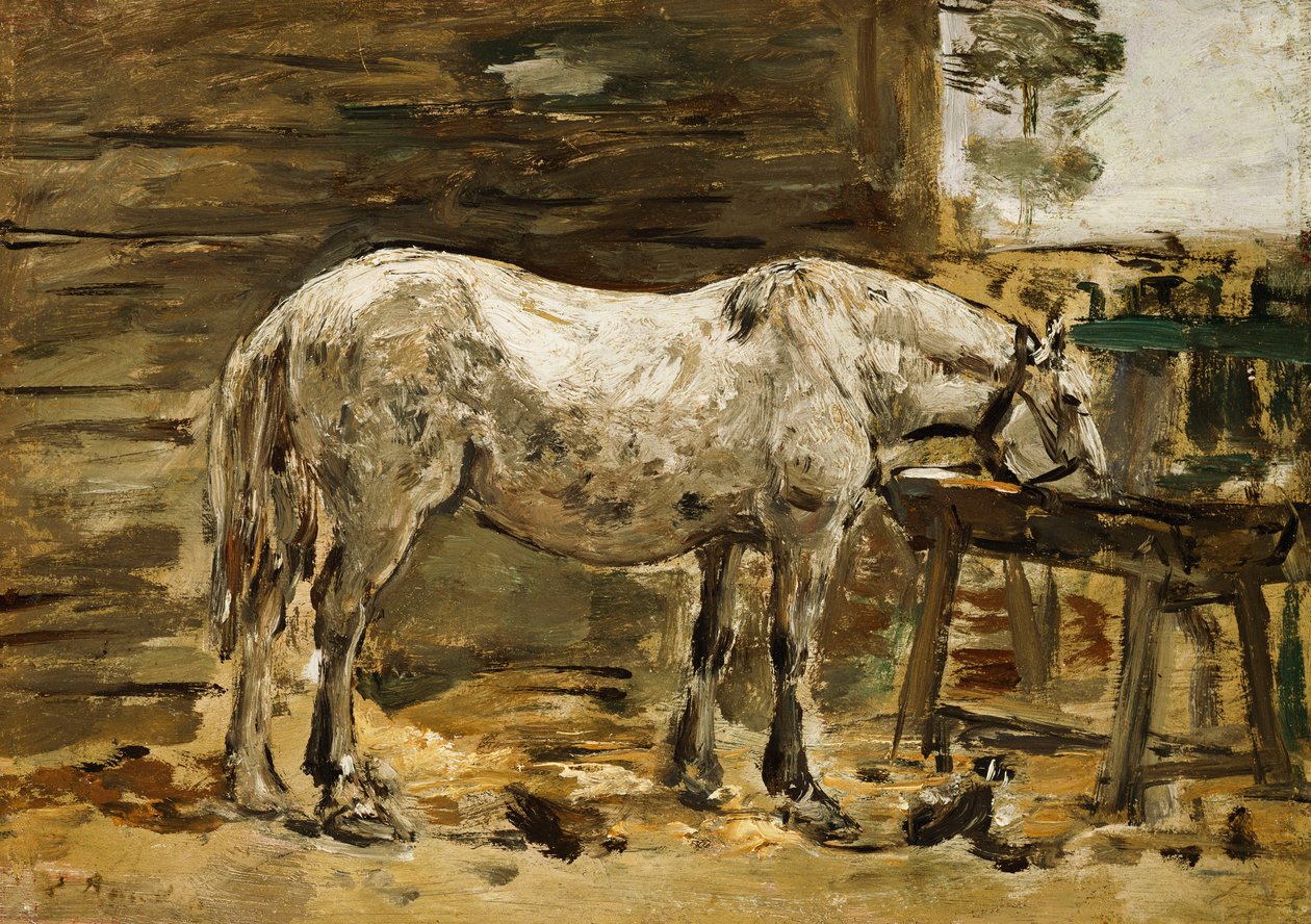 Hvit hest ved drikketrauet, ca. 1885-90 av Eugene Louis Boudin