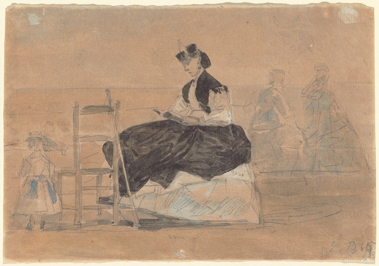 Kvinne i en Crinoline på stranden i Trouville, ca. 1865. av Eugene Louis Boudin