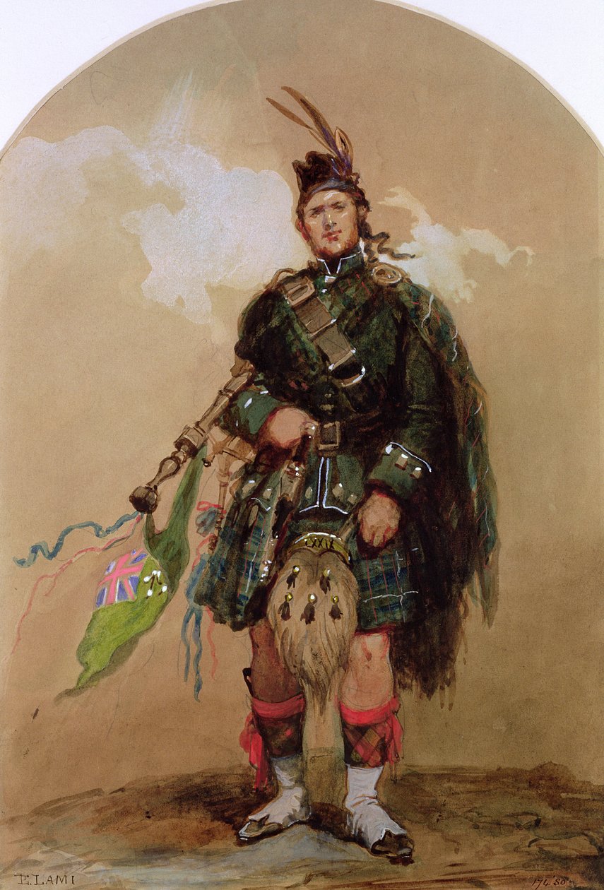 En Piper of the 79th Highlanders ved Chobham Camp i 1853 av Eugene Louis Lami