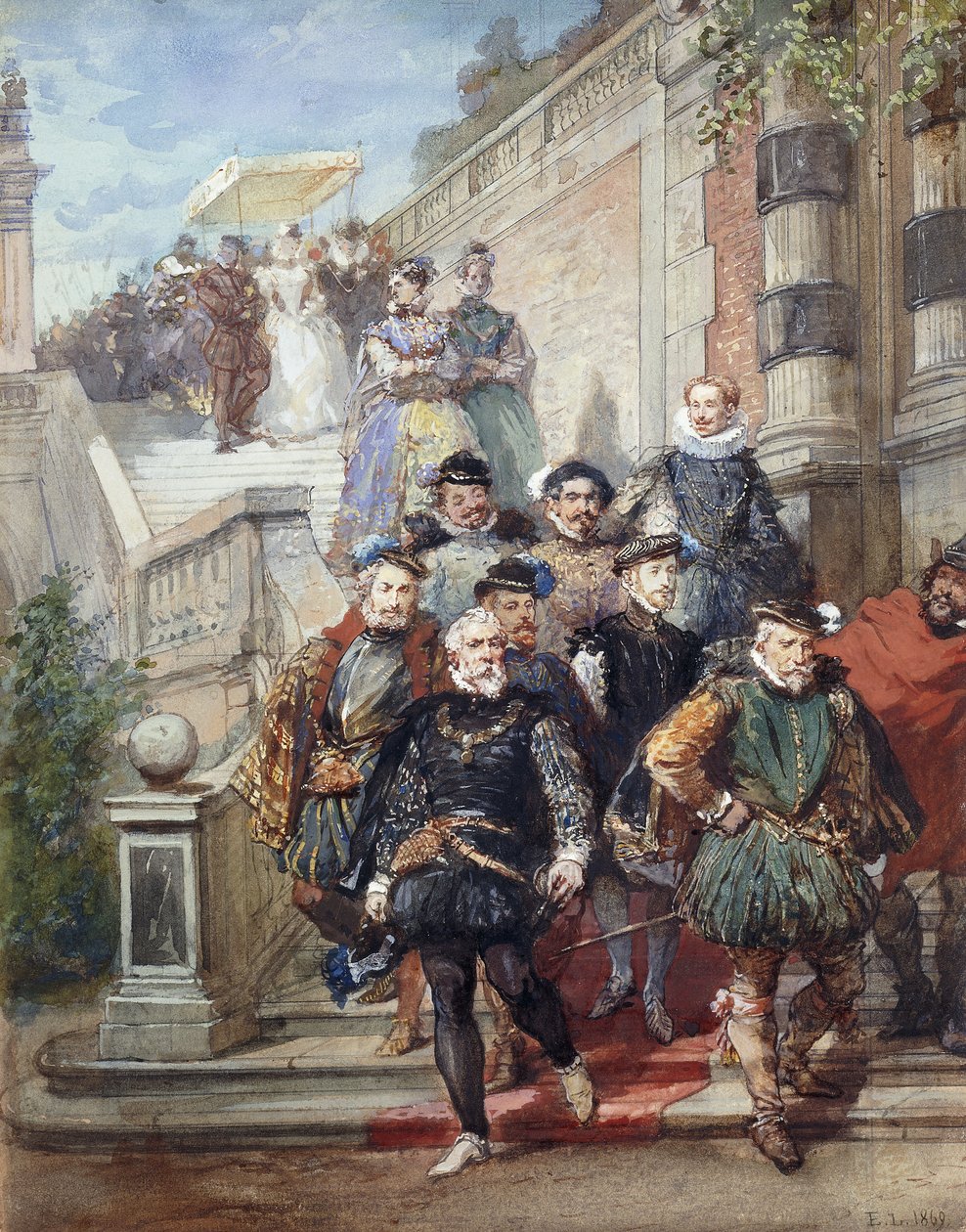 En kongelig prosesjon som går ned en trapp i en hage, 1869 av Eugene Louis Lami