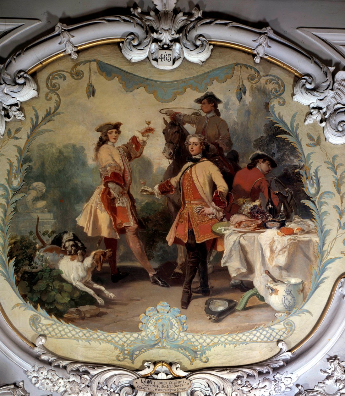 En jaktlunsj på 1700-tallet Maleri av Eugene Louis Lami (1800-1890) Chantilly fra 1800-tallet, Musee Conde av Eugene Louis Lami