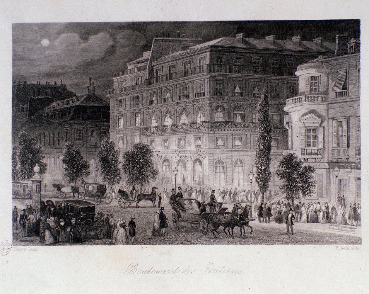 Animasjon rundt teatrene på boulevard des Italians i Paris. Gravering av Eugene Louis Lami (1800-1890) 1843 Privat samling av Eugene Louis Lami