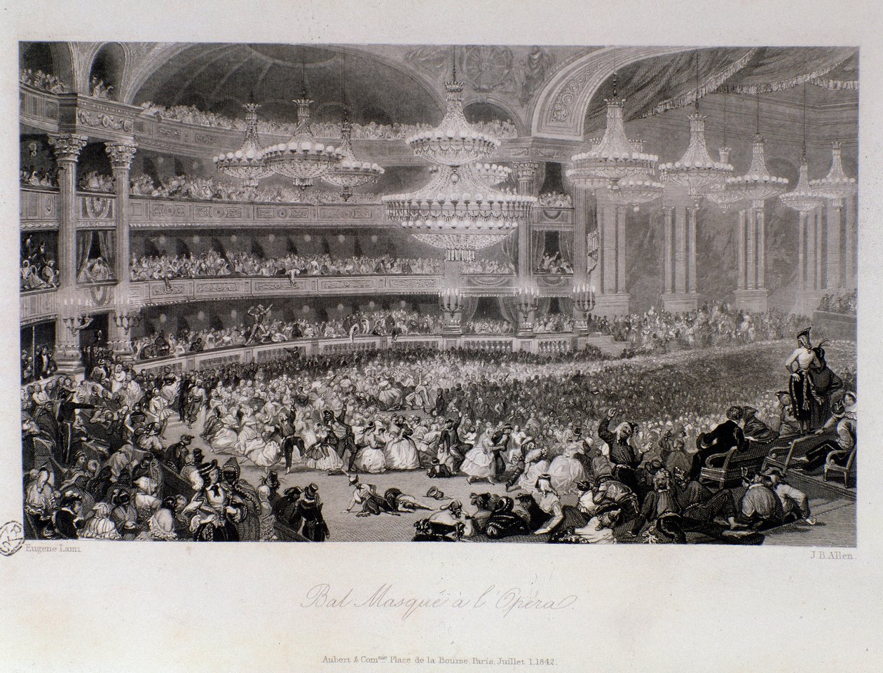 Ballmaske organisert på Opera de Paris. Gravering av Eugene Louis Lami (1800-1890) 1843 Privat samling av Eugene Louis Lami
