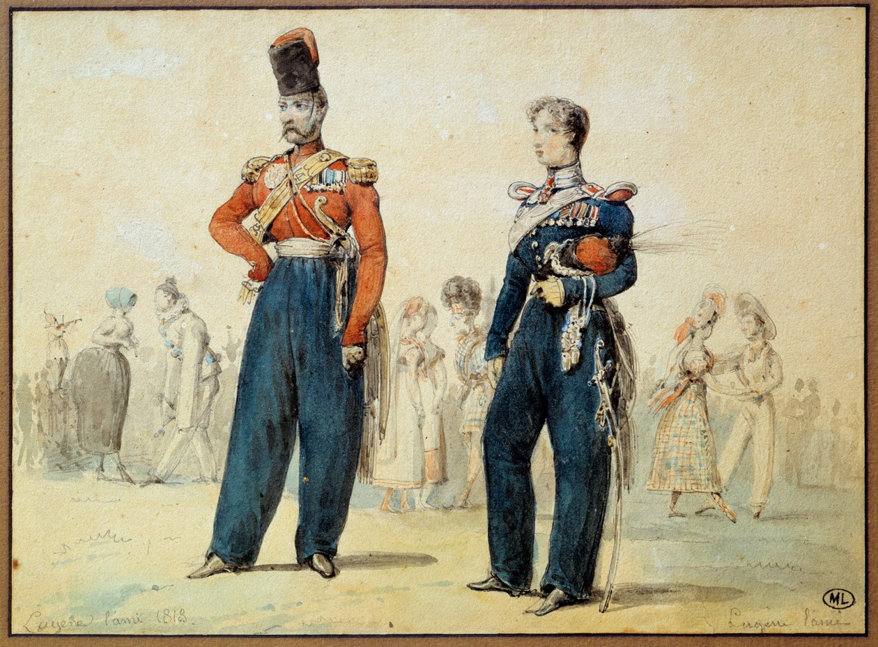 Balldress: to menn i militæruniform. Tegning av Eugene Louis Lami (1800-1890) Paris fra 1800-tallet, Louvre-museet av Eugene Louis Lami