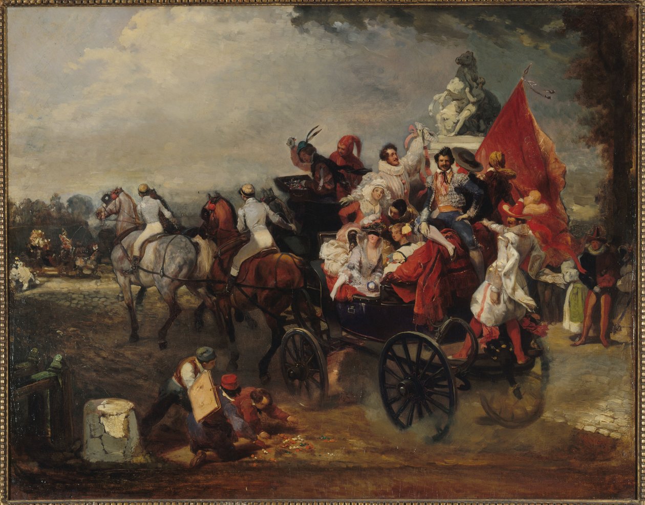 Vogn med menn og kvinner i kostyme på Champs-Elysees, 1834 av Eugene Louis Lami