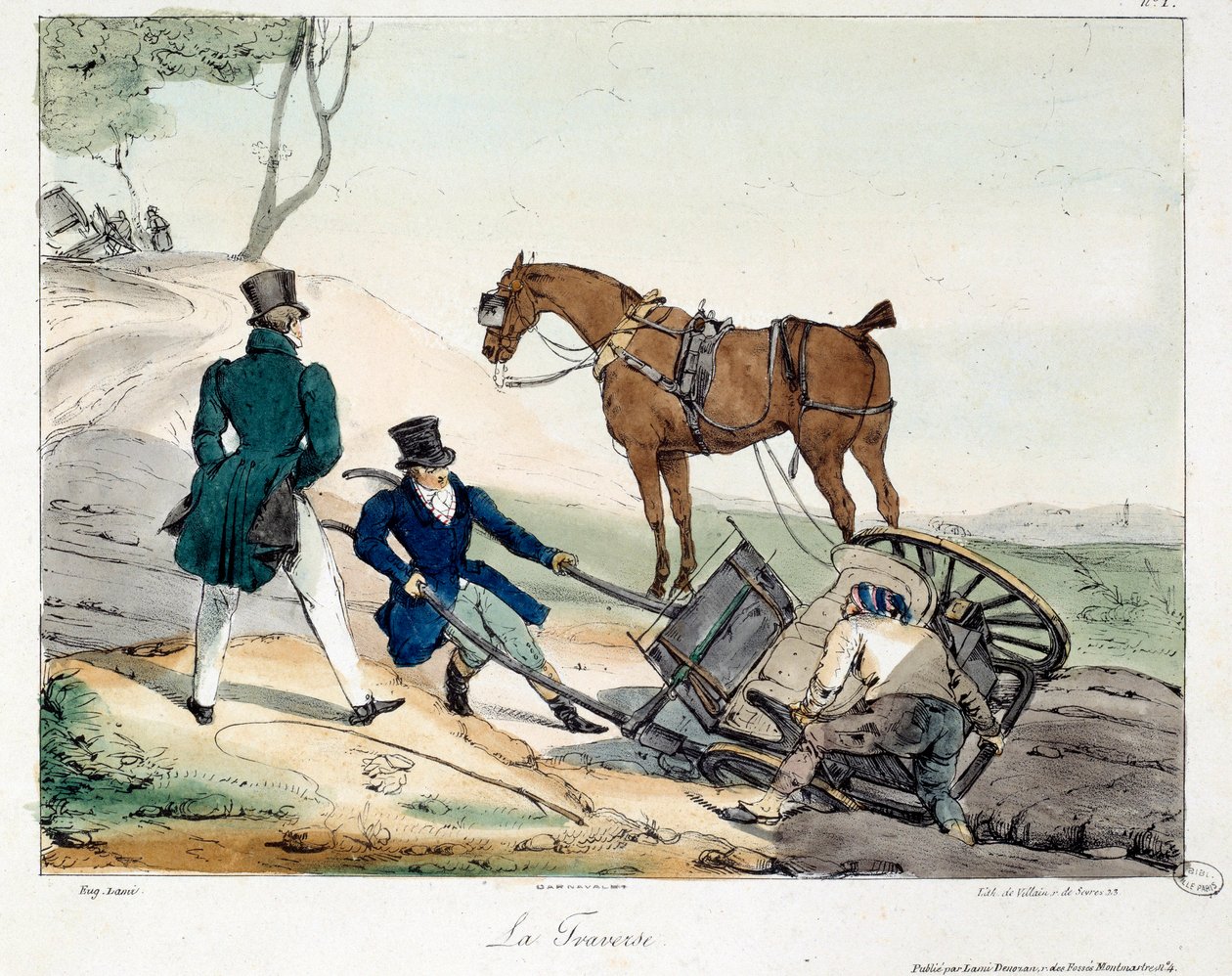 Vognulykke forårsaket av skinnen. Illustrasjon av boken "La vie de chateau"". Gravering av Eugene Louis Lami (1800-1890) av Eugene Louis Lami