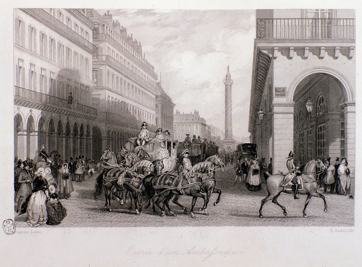 Cortege av en ambassadør på Place de la Bourse ved ankomst til Paris. Gravering av Eugene Louis Lami (1800-1890) 1843 Privat samling av Eugene Louis Lami