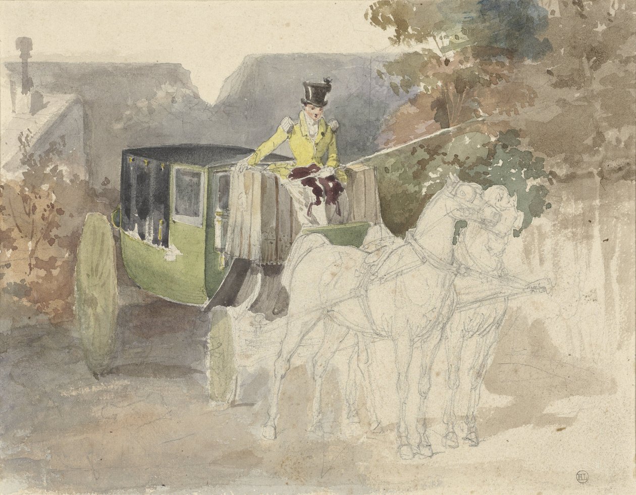 Kupé med to hester, i et skogsområde av Eugene Louis Lami