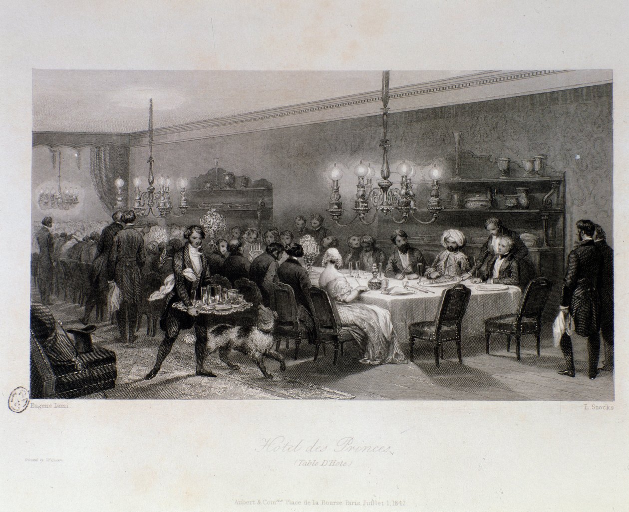 Middag på table d'hotes "" Hotel des princes"" i Paris. Gravering av Eugene Louis Lami (1800-1890) 1843 Privat samling av Eugene Louis Lami