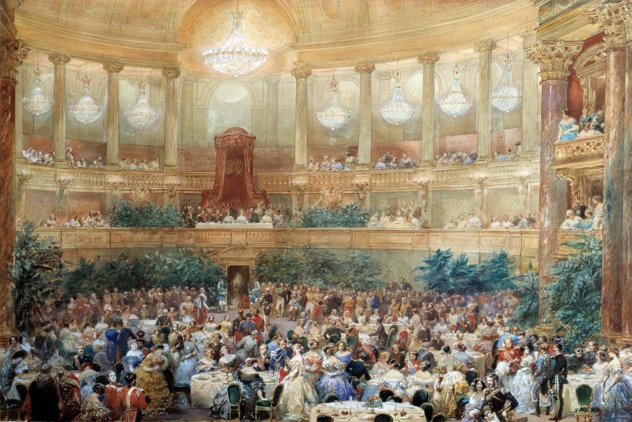 Middag tilbys av Napoleon III til dronning Victoria på rommet til Opera de Versailles 25. august av Eugene Louis Lami