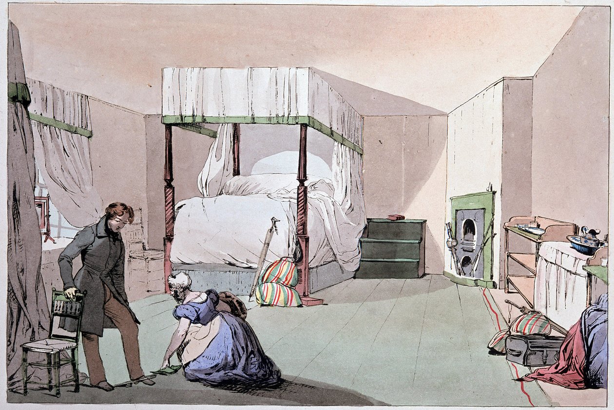 Vandrerhjem: en tjener som hjelper en kunde med å ta på seg sko. Illustrasjon av Eugene Louis Lami (1800-1890), midten av 1800-tallet av Eugene Louis Lami