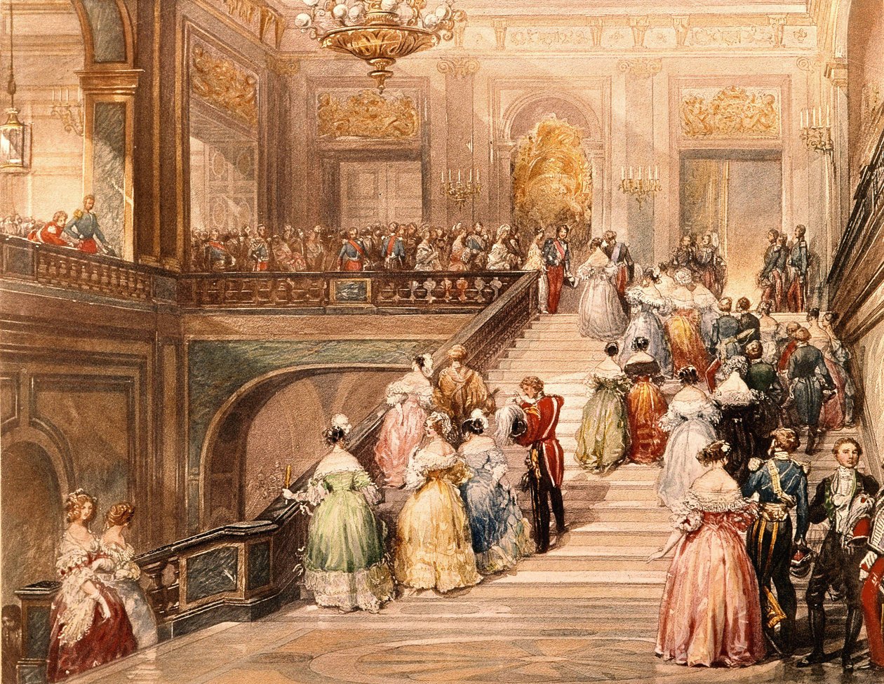 King Louis Philippe I (1773 - 1850) and Queen Marie Amélie de Bourbon (1782 - 1866) received the guests on the occasion of the inauguration of the Museum of Versailles in 1837. Illustration by Eugène Lami (1800 - 1890). av Eugene Louis Lami