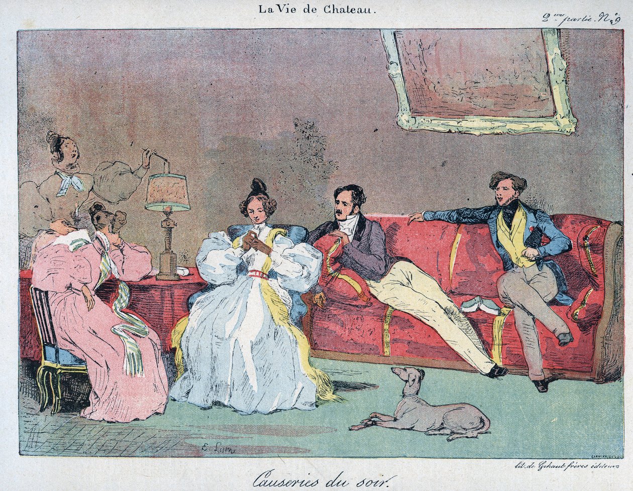 La Vie de chateau - Kveldsforedrag - Illustrasjon av Eugene Lami (1800-1890) I "" LE-RIRE"" fra 1885 av Eugene Louis Lami
