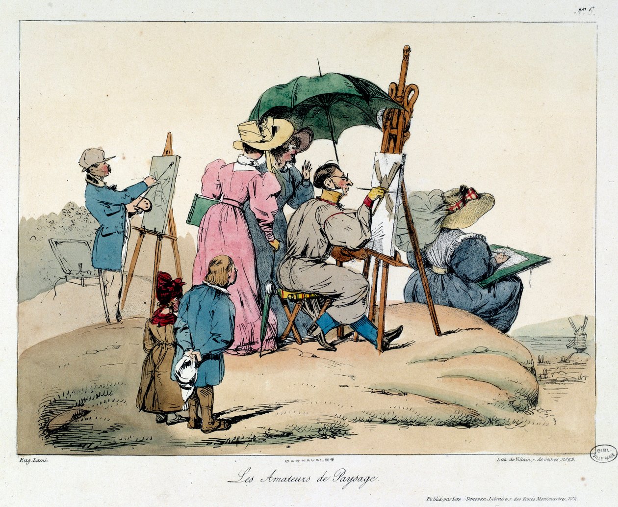 Landskap elskere. Presenterte malere omgrupperer seg for å male et maritimt landskap. Illustrasjon av boken la vie de chateau av Eugene Louis Lami
