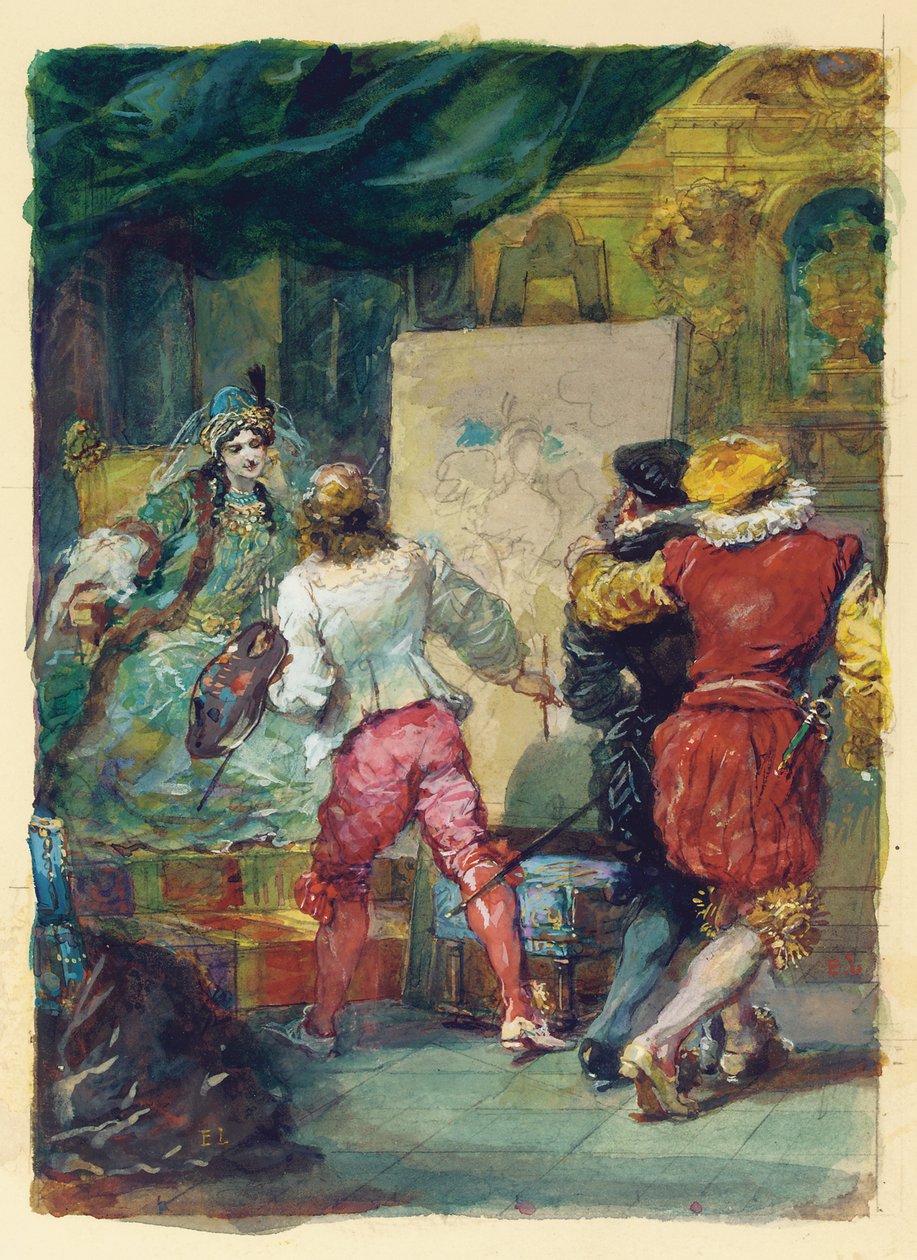 Den sicilianske eller malerkjærligheten, etter Moliere (Akt IV, Scene XII) (blyant, akvarell, gouache) av Eugene Louis Lami