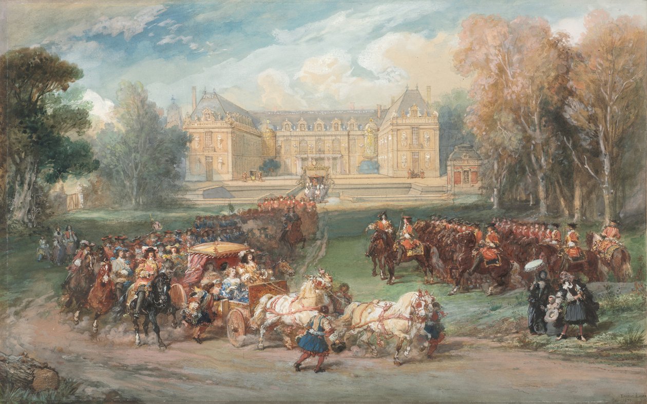 Louis XIV kjører bussen sin i parken i Versailles, 1870. av Eugene Louis Lami