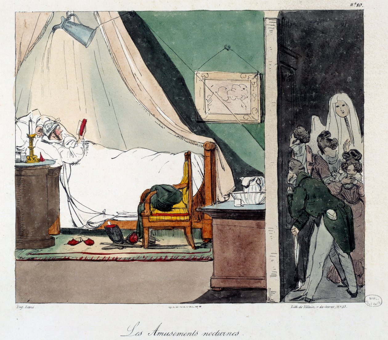 Nattmoro. Barn er redde for å skremme en person som leser i sengen. Illustrasjon av boken "La vie de chateau"". Gravering av Eugene Louis Lami (1800-1890) av Eugene Louis Lami