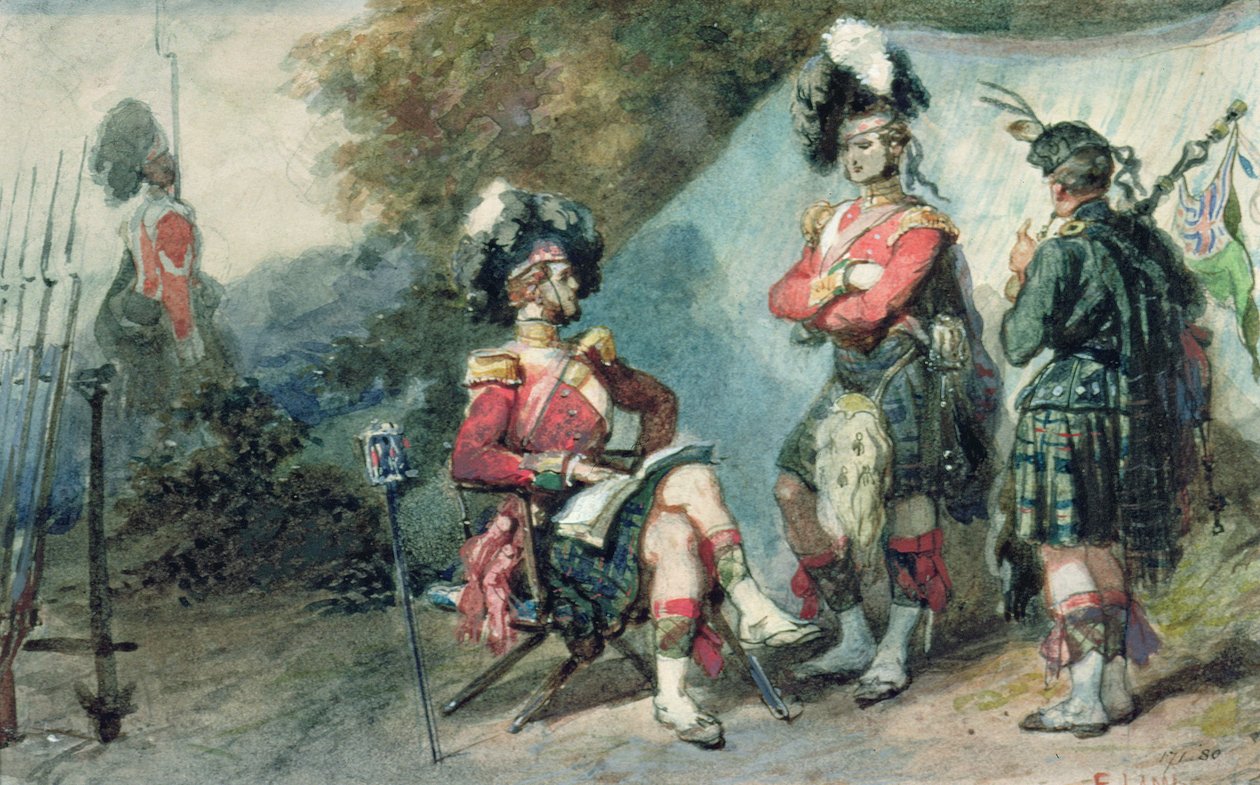 Offiserer for 79th Highlanders ved Chobham Camp i 1853 av Eugene Louis Lami