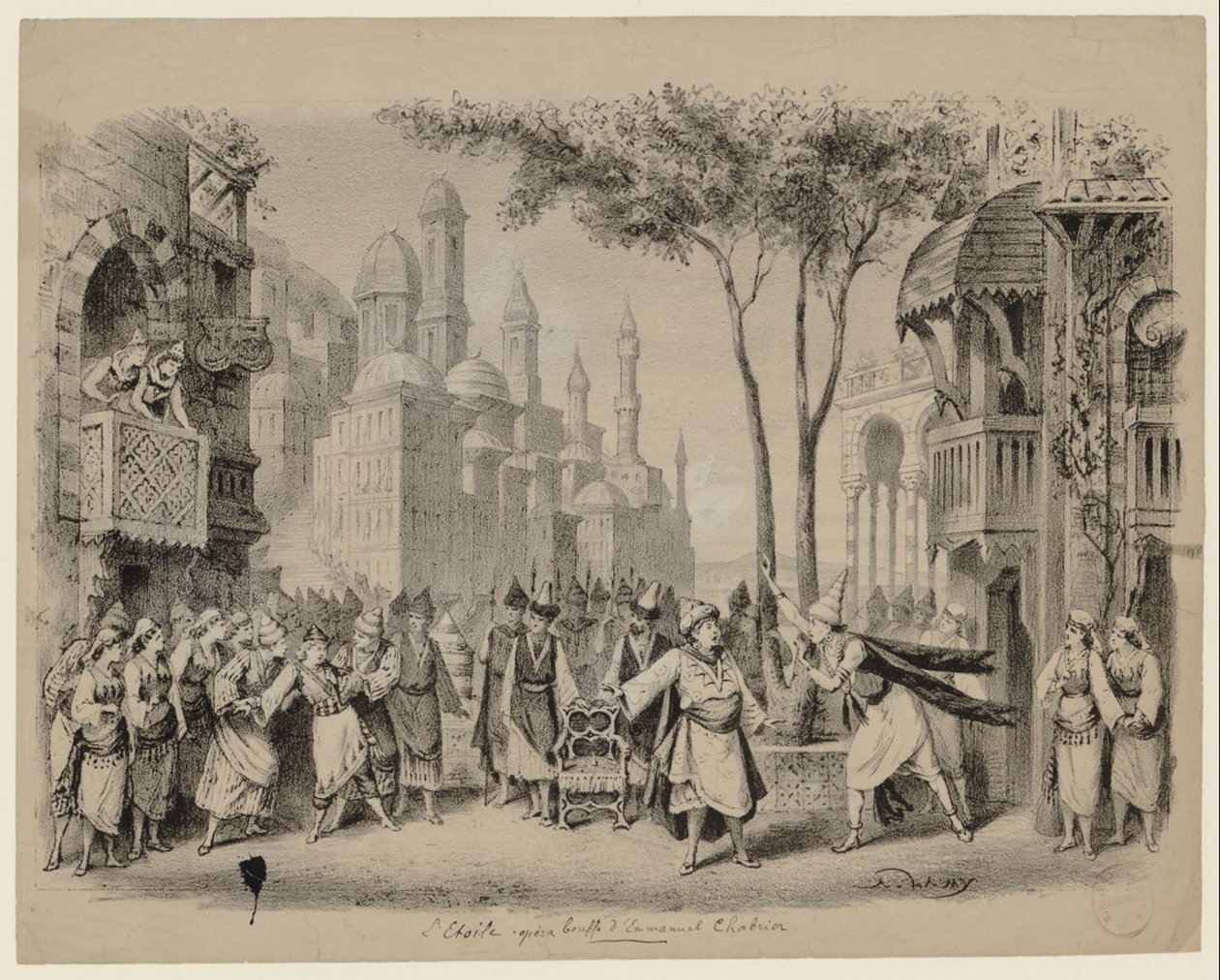 Opera Létoile av Emmanuel Chabrier i Théâtre des Bouffes-Parisiens, 1877 av Eugene Louis Lami