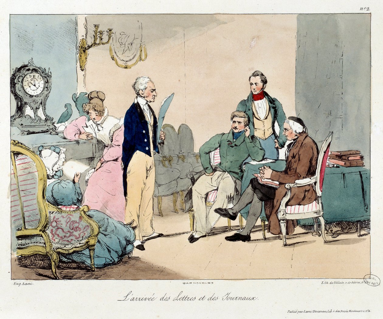 Ankomsten av brev og aviser. Illustrasjon av boken "La vie de chateau"". Gravering av Eugene Louis Lami (1800-1890) av Eugene Louis Lami