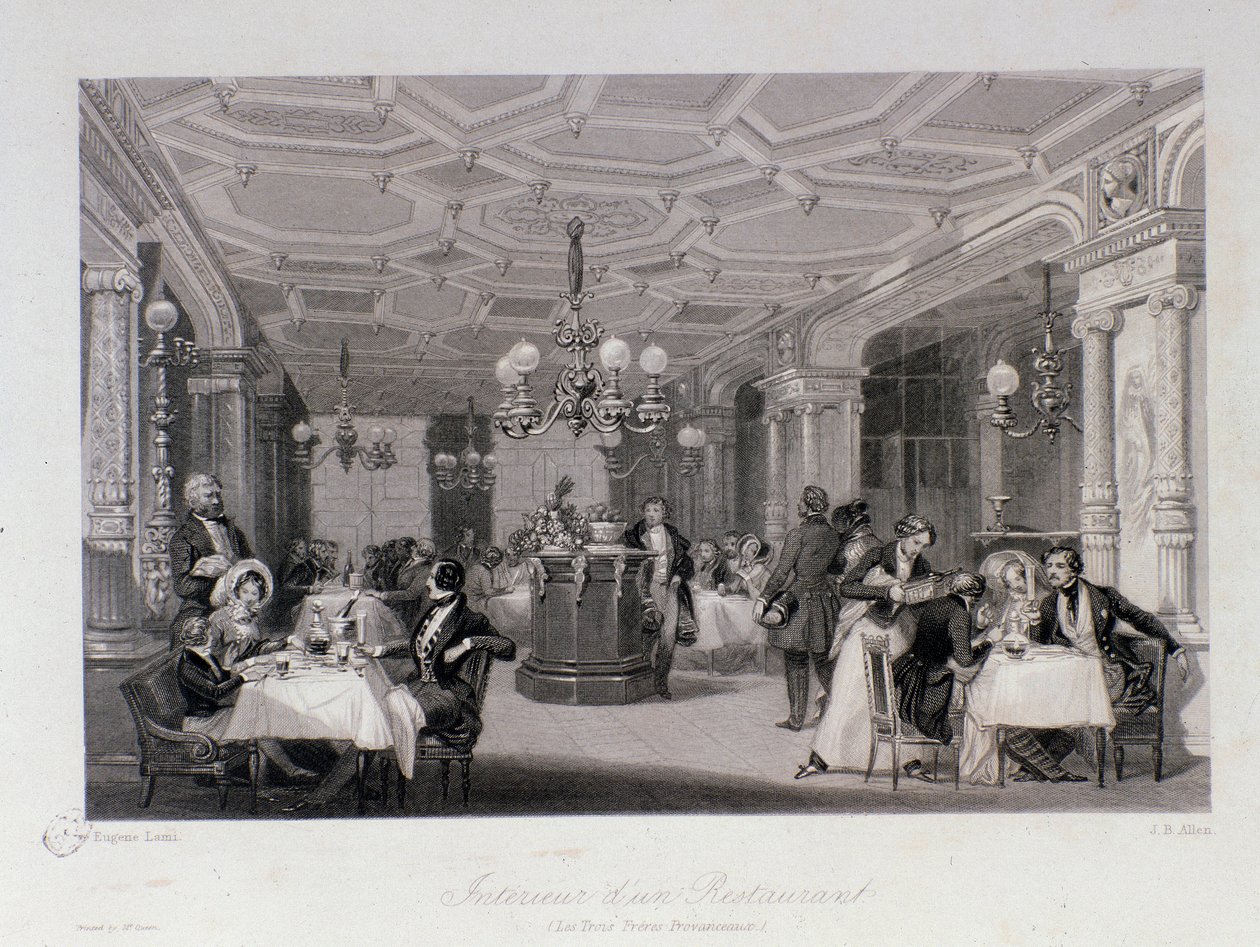 Utsikt over interiøret i restauranten "Les trois freres provencaux"" nær Palais Royal i Paris. Gravering av Eugene Louis Lami (1800-1890) 1843 Privat samling av Eugene Louis Lami